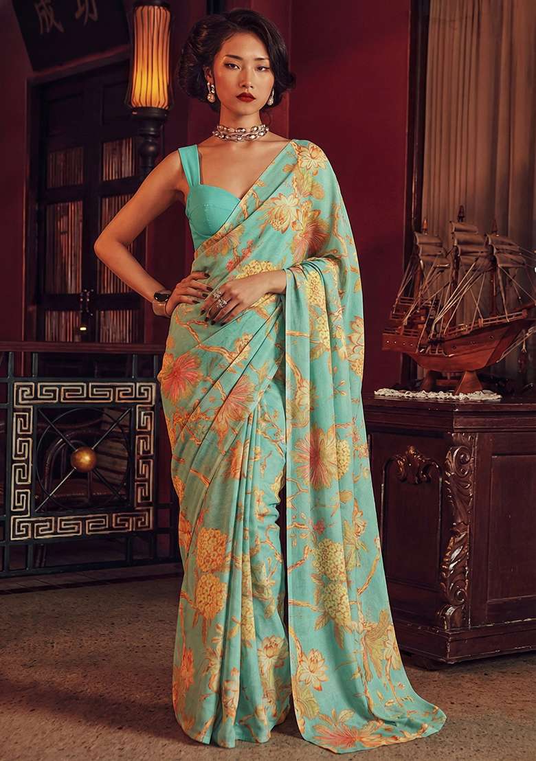 Teal Green Chinon Pre Draped Saree Set with Floral Print for Diwali | Wedding & Festive Wear - Indya