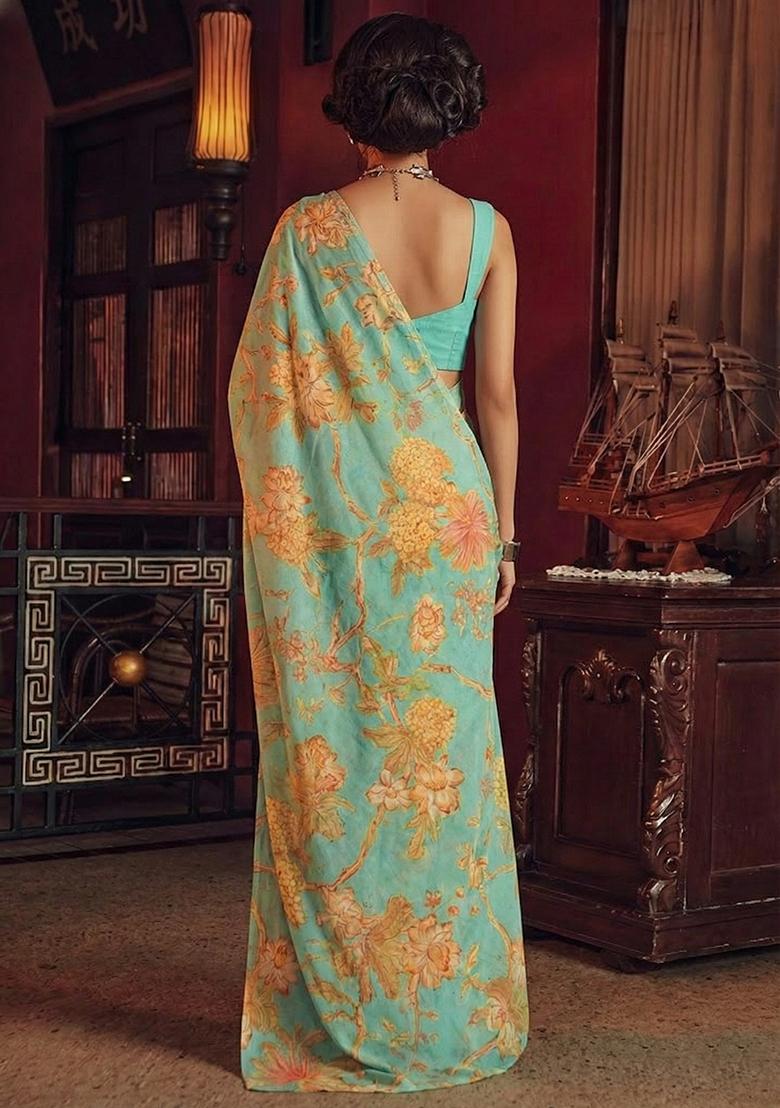 Teal Green Floral Print Chinon Pre Draped Saree Set - Indya