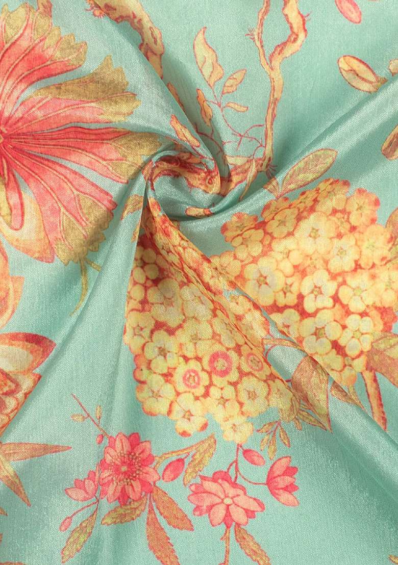 Teal Green Chinon Pre Draped Saree Set with Floral Print for Diwali | Wedding & Festive Wear - Indya