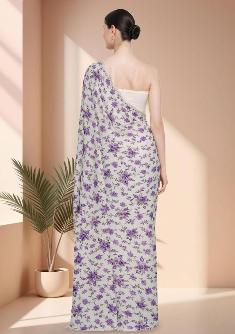 Lavender Floral Print Crepe Pre Draped Saree Set - Indya