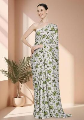 Leaf Green Floral Print Crepe Pre Draped Saree Set