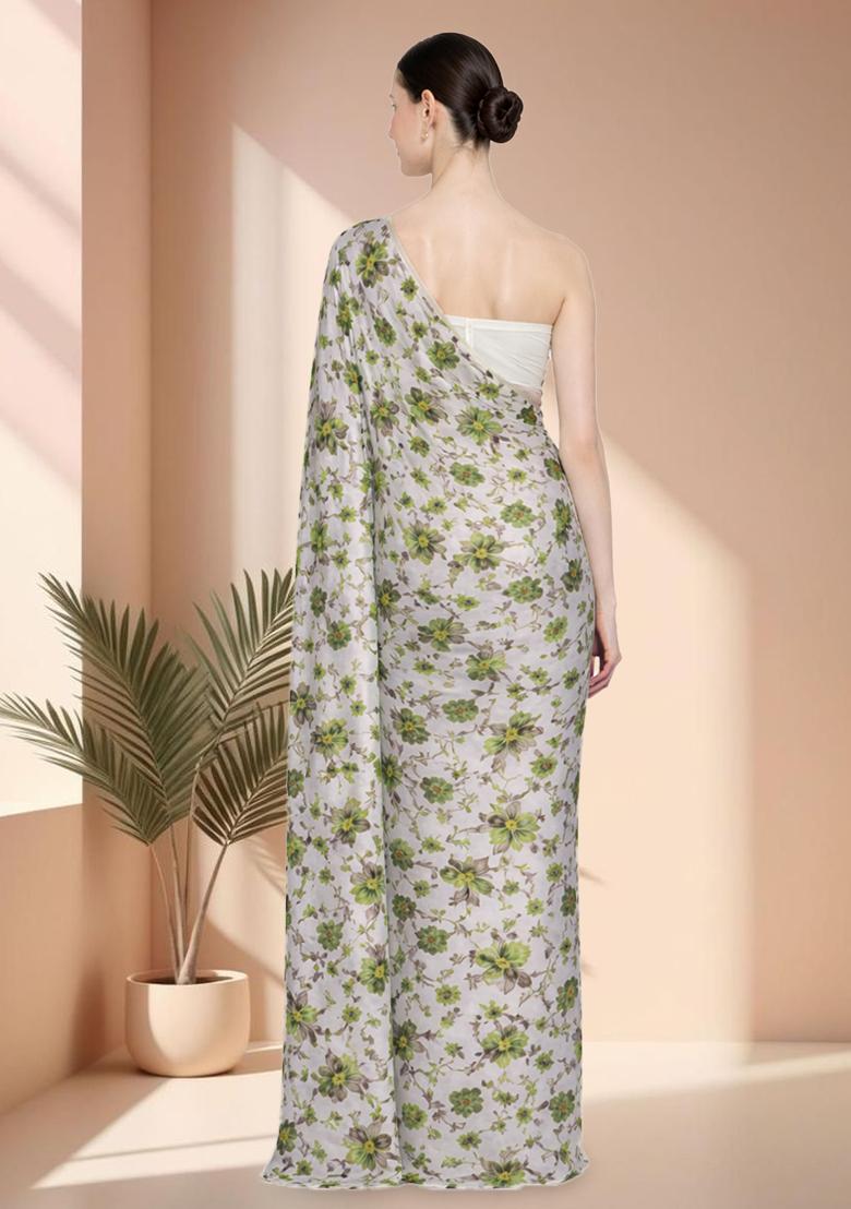 Leaf Green Floral Print Crepe Pre Draped Saree Set - Indya
