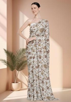 Off White Floral Print Crepe Pre Draped Saree Set