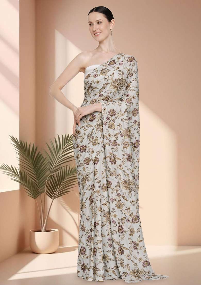 Off White Floral Print Crepe Pre Draped Saree Set - Indya