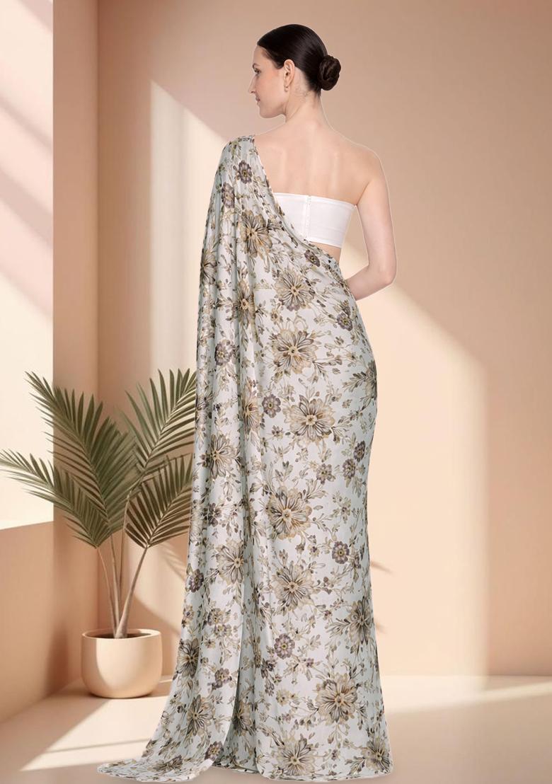 Off White Floral Print Crepe Pre Draped Saree Set - Indya