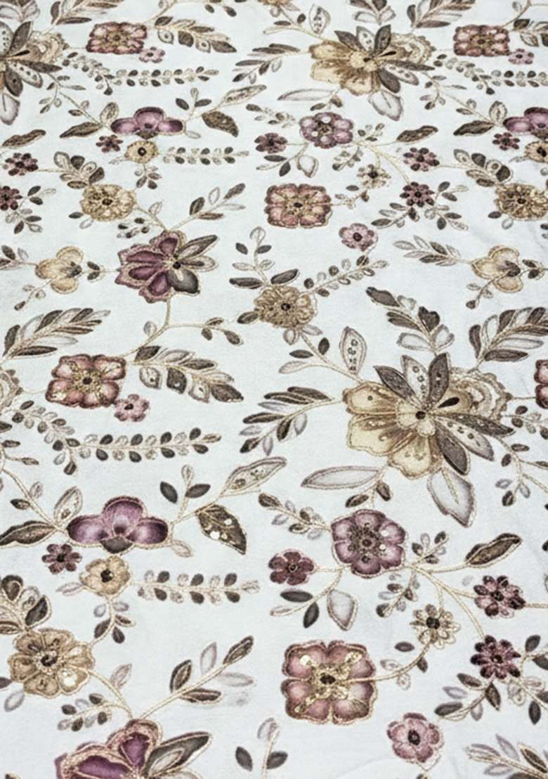 Off White Floral Print Crepe Pre Draped Saree Set - Indya