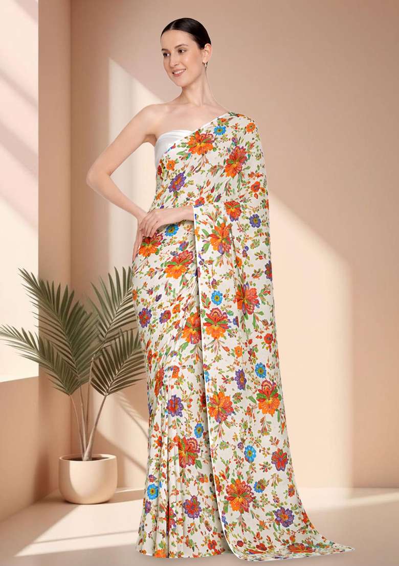 Multicolor Embroidered Crepe Pre Draped Saree Set - Indya