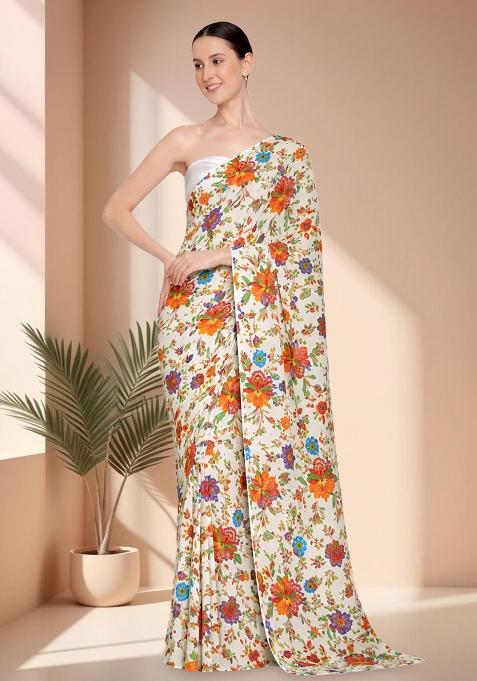 Multicolor Embroidered Crepe Pre Draped Saree Set