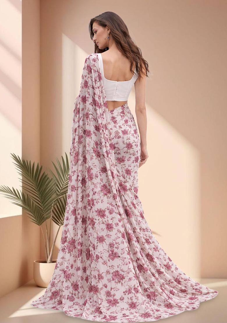 Pink Floral Print Crepe Pre Draped Saree Set - Indya