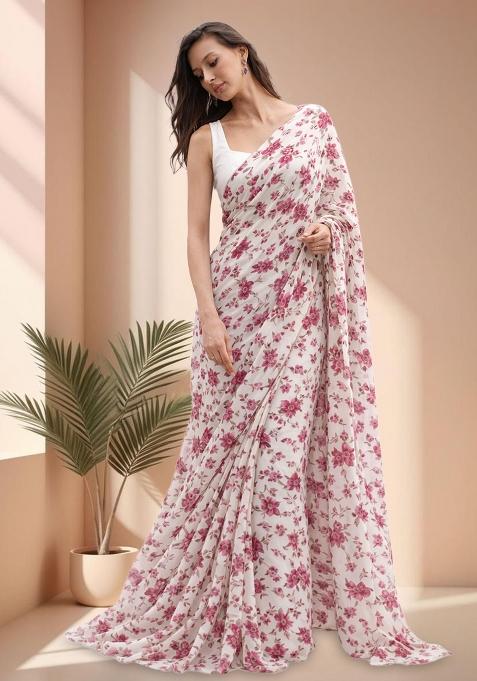 Pink Floral Print Crepe Pre Draped Saree Set