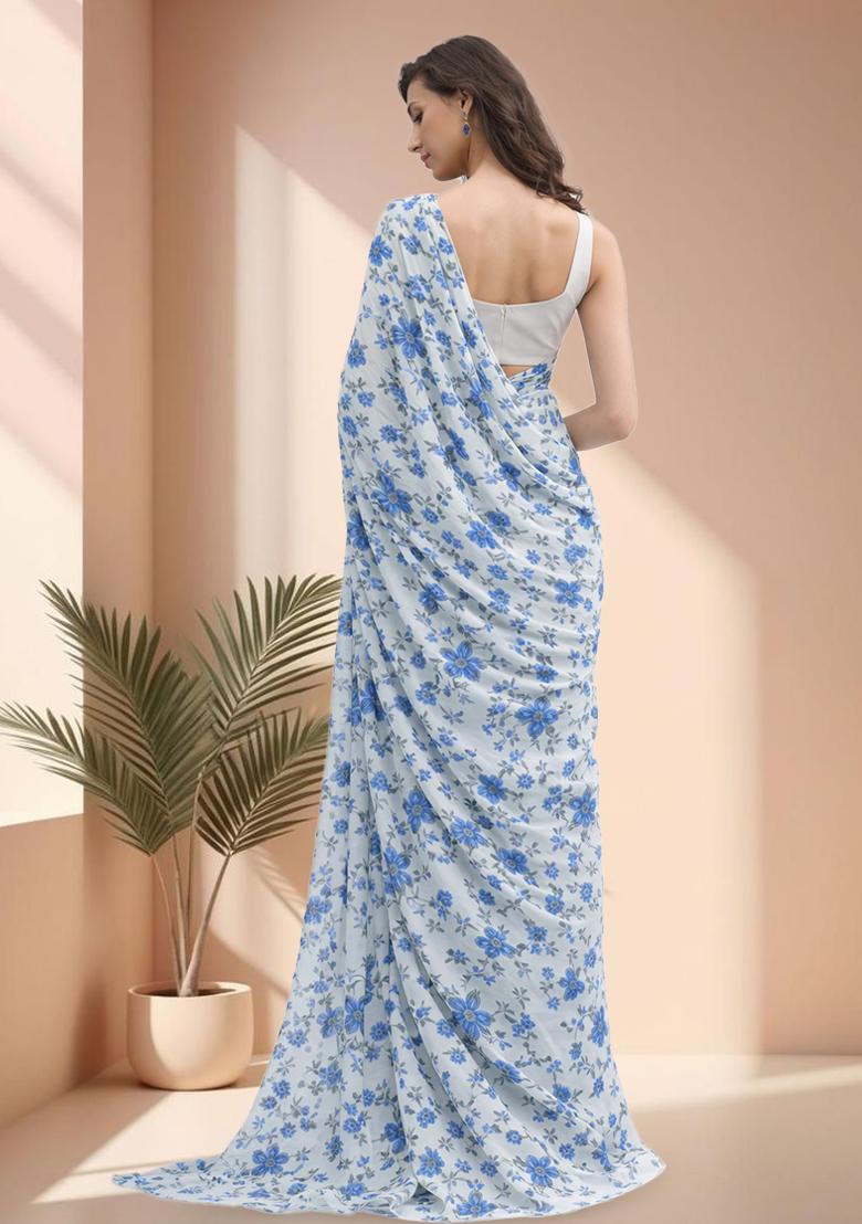 Soft Blue Floral Print Crepe Pre Draped Saree Set - Indya