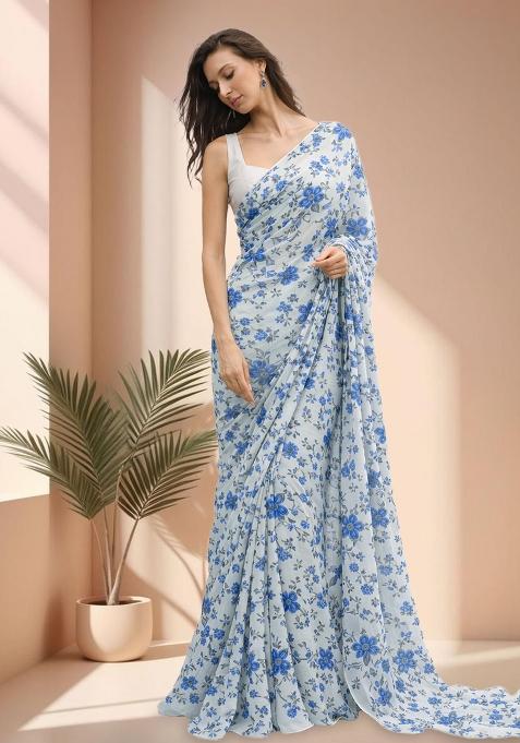 Soft Blue Floral Print Crepe Pre Draped Saree Set