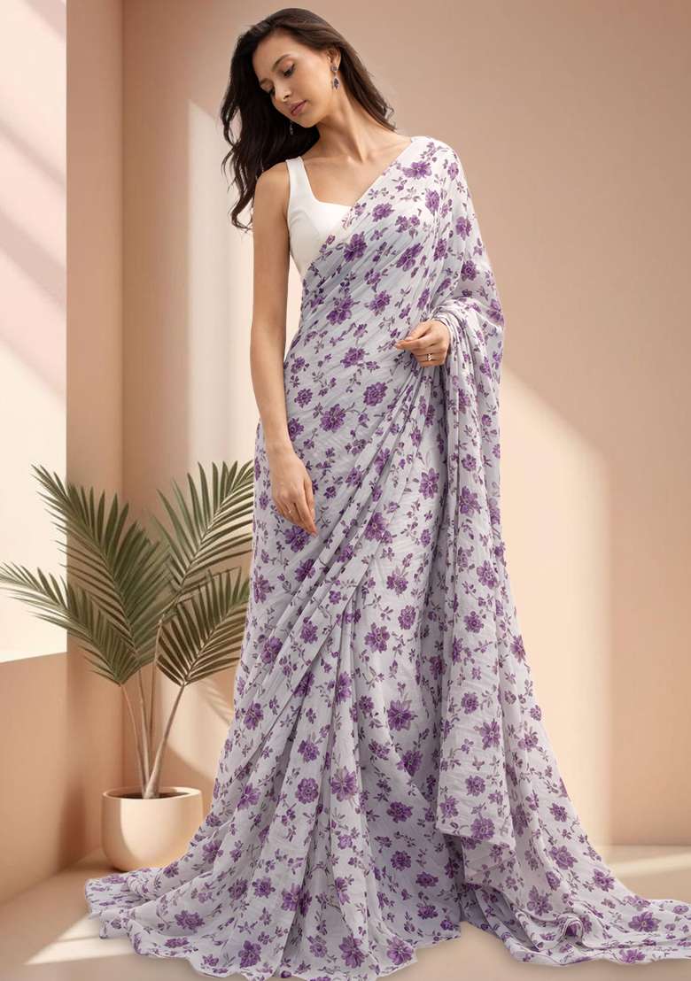 Purple Crepe Pre Draped Saree Set with Floral Print for Diwali | Wedding & Festive Wear - Indya
