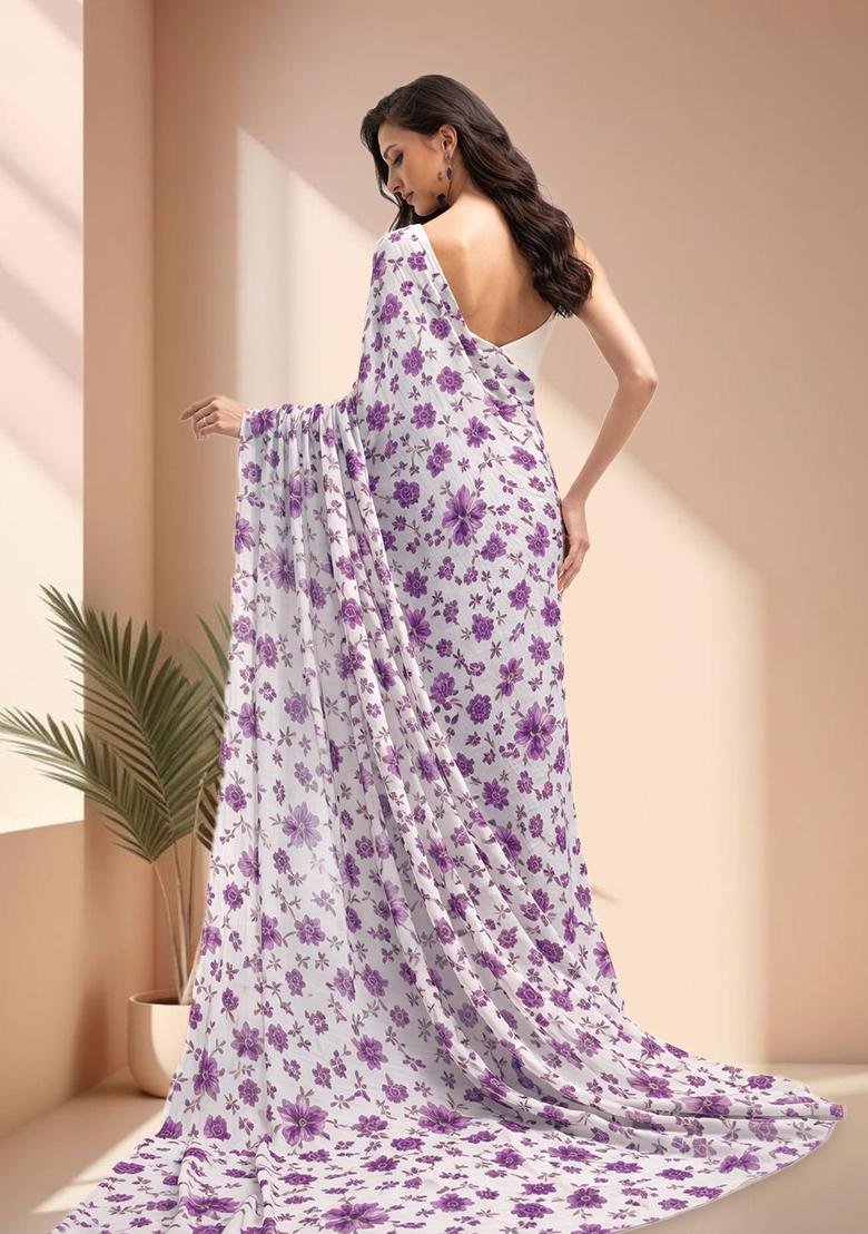 Purple Floral Print Crepe Pre Draped Saree Set - Indya