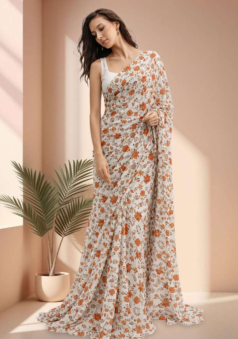 Off White Floral Print Crepe Pre Draped Saree Set for Diwali and Festive Wear - Indya
