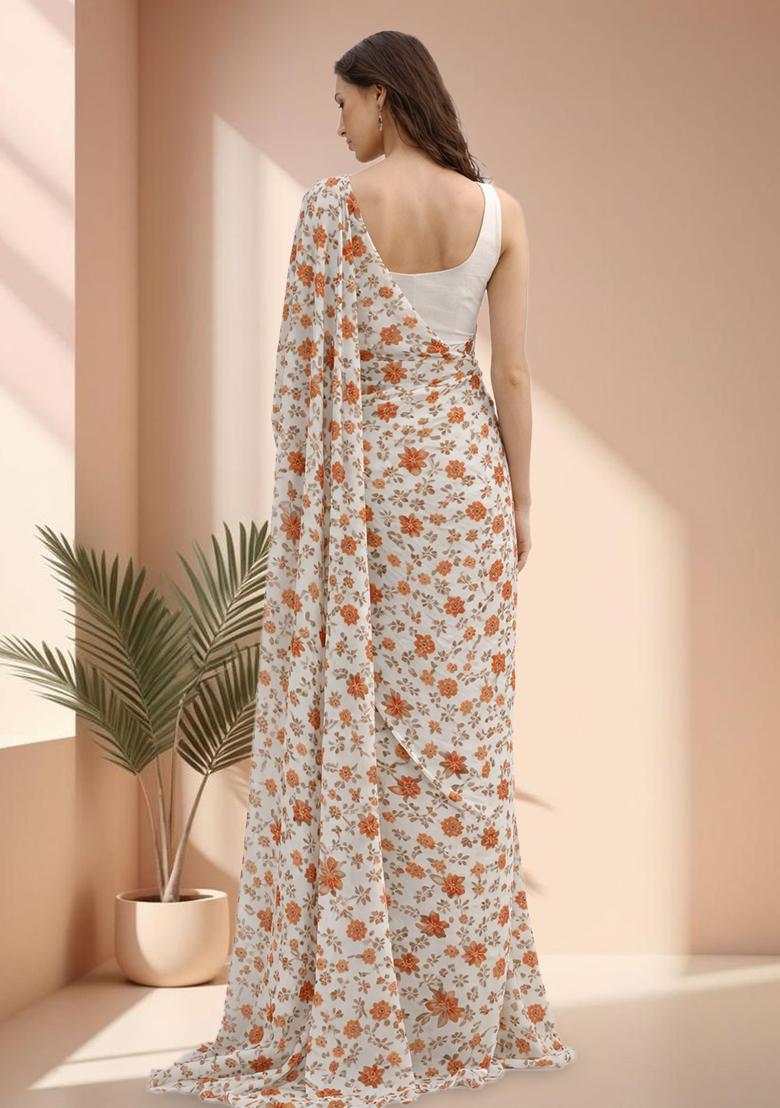 Off White Floral Print Crepe Pre Draped Saree Set - Indya