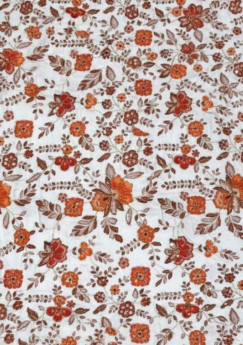 Off White Floral Print Crepe Pre Draped Saree Set for Diwali and Festive Wear - Indya