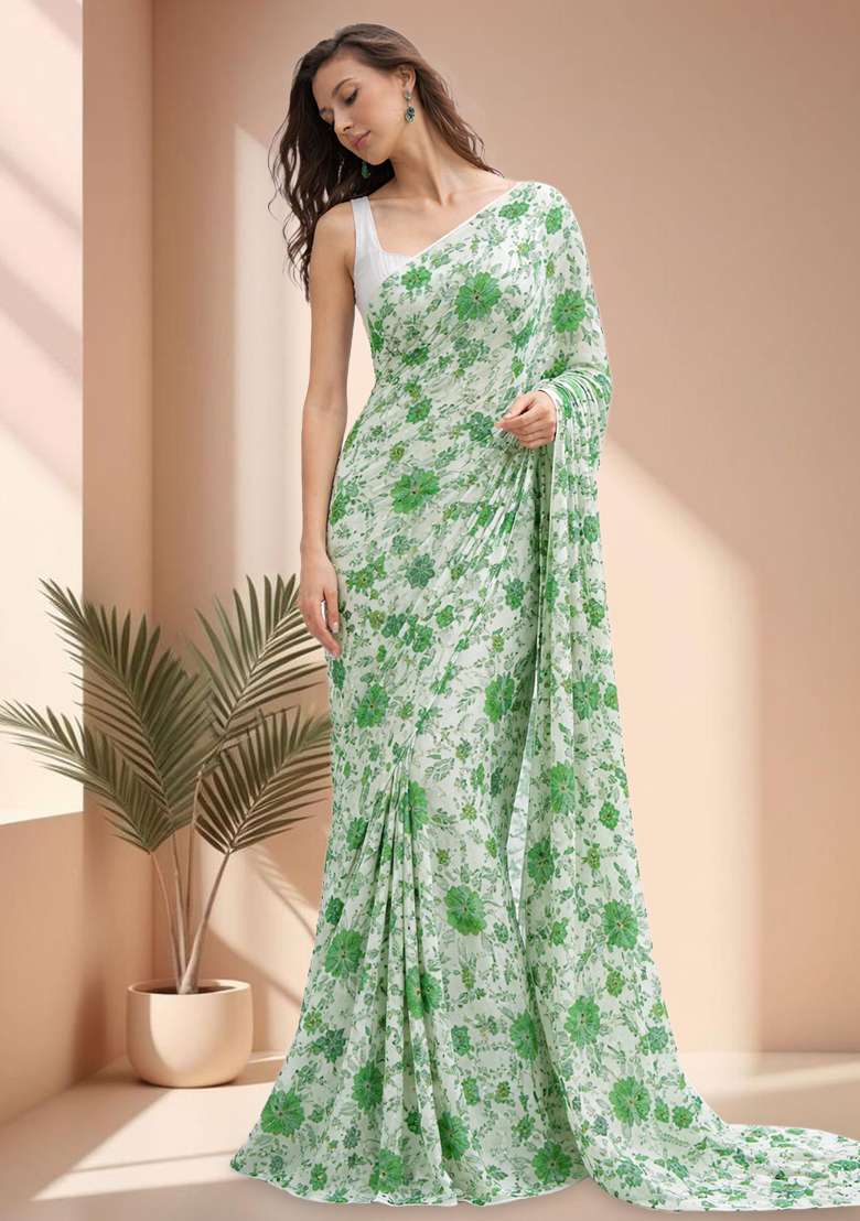 Green Crepe Pre Draped Saree Set with Floral Print for Diwali | Wedding & Festive Wear - Indya