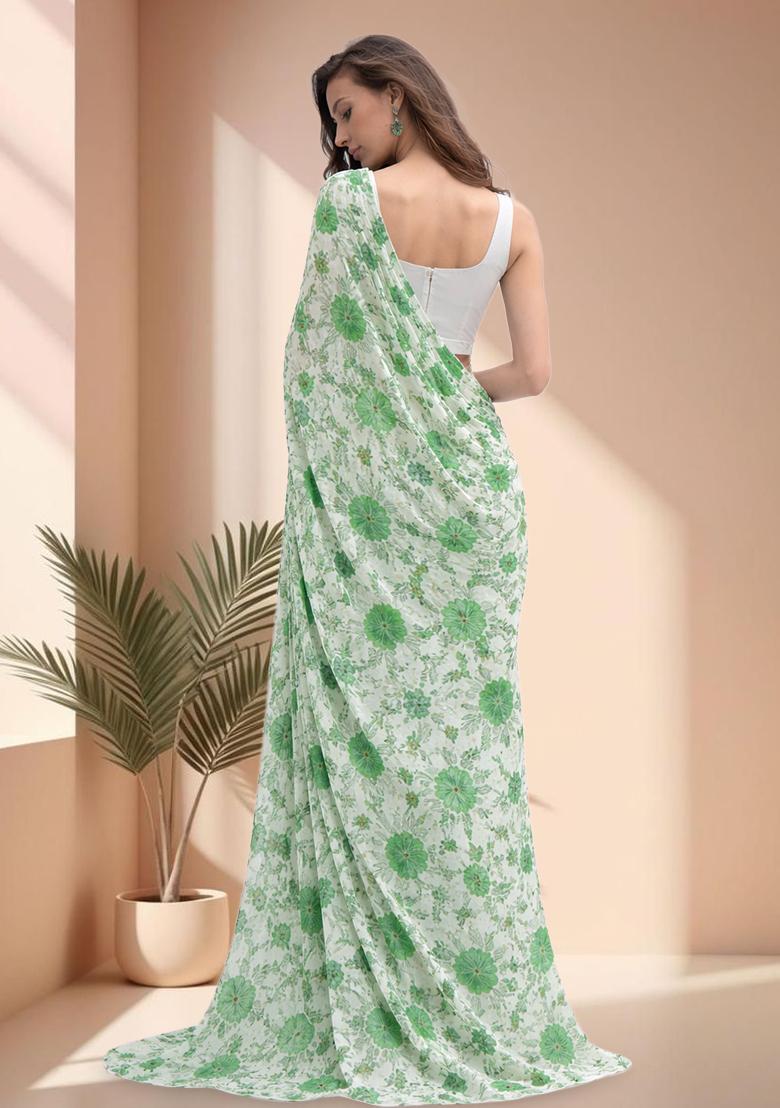 Green Floral Print Crepe Pre Draped Saree Set - Indya