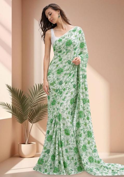 Green Floral Print Crepe Pre Draped Saree Set
