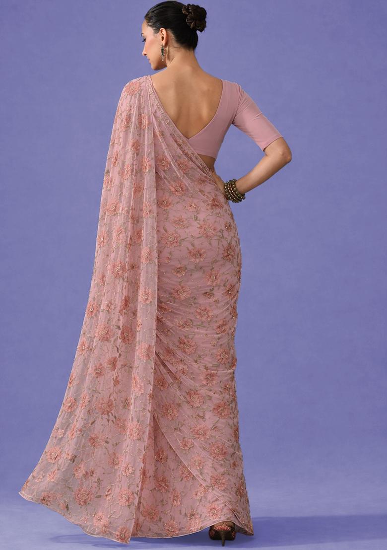 Blush Pink Embroidered Organza Pre Draped Saree Set - Indya