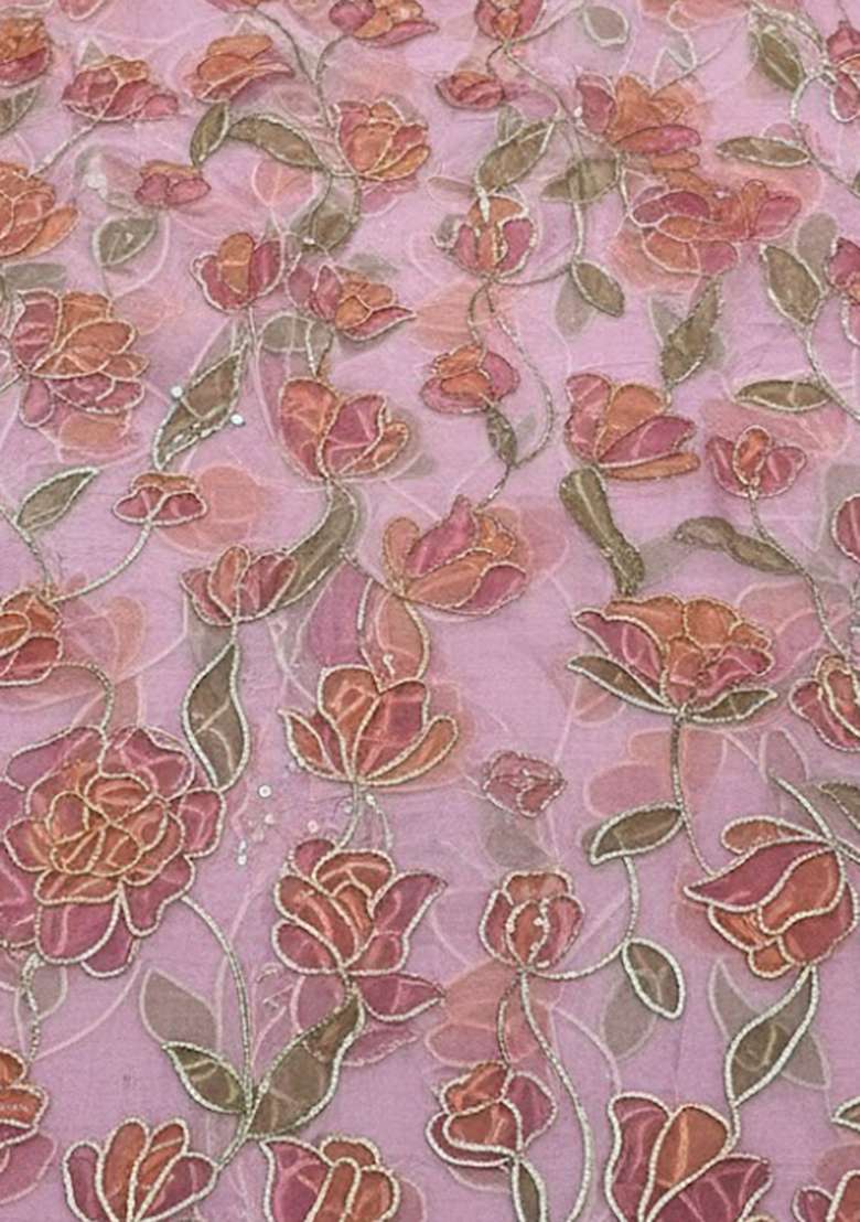 Blush Pink Embroidered Organza Pre Draped Saree Set - Indya
