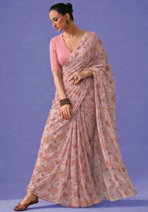 Blush Pink Embroidered Organza Pre Draped Saree Set