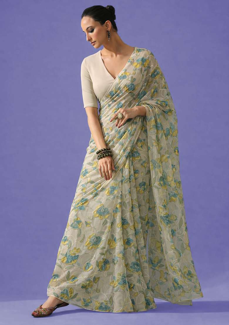 Leaf Green Embroidered Organza Pre Draped Saree Set - Indya