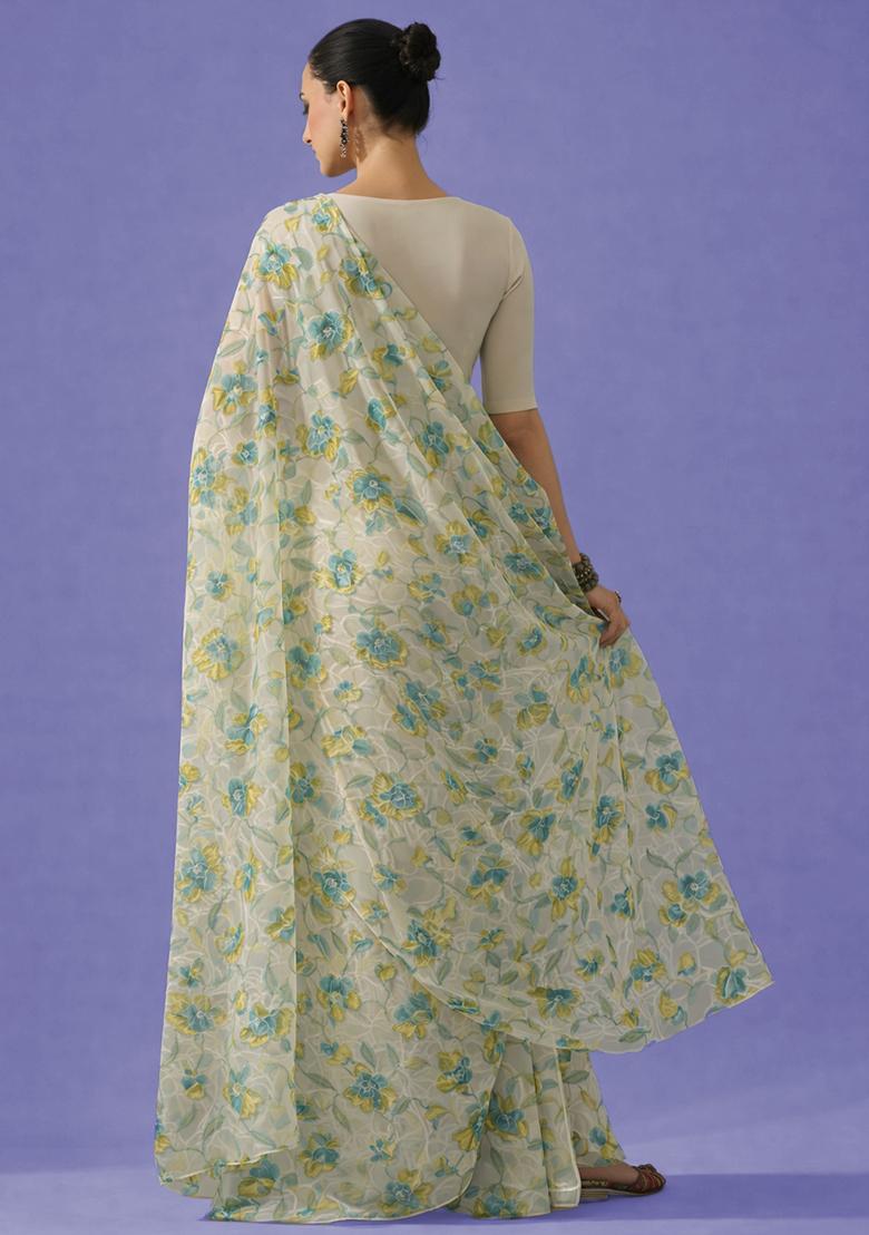 Leaf Green Embroidered Organza Pre Draped Saree Set - Indya