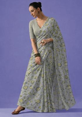 Light Green Embroidered Organza Pre Draped Saree Set