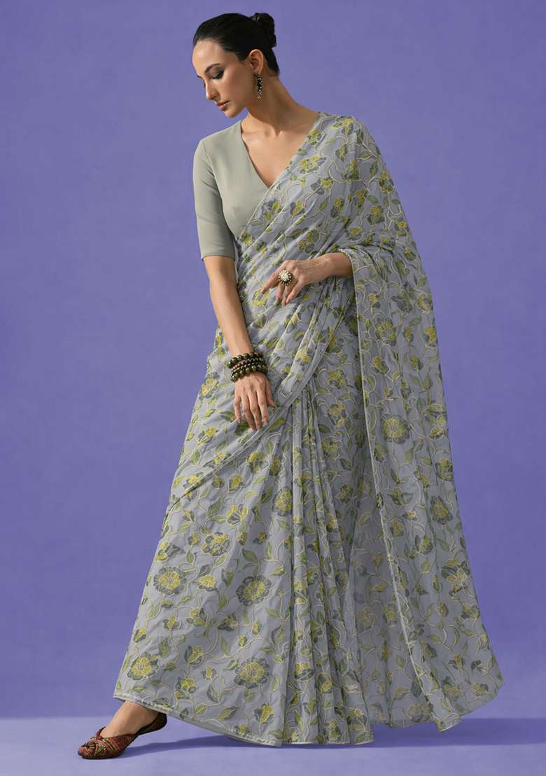 Light Green Embroidered Organza Pre Draped Saree Set - Indya