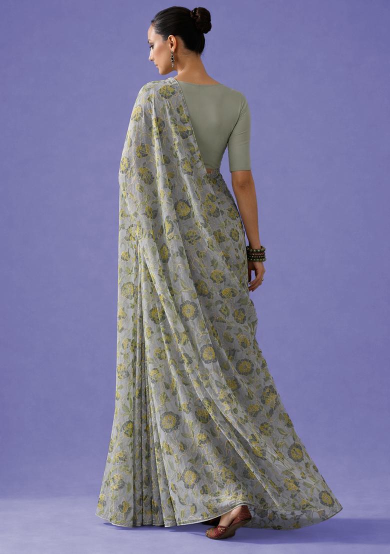 Light Green Embroidered Organza Pre Draped Saree Set - Indya