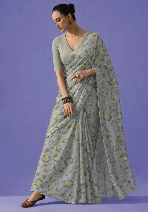 Light Green Embroidered Organza Pre Draped Saree Set