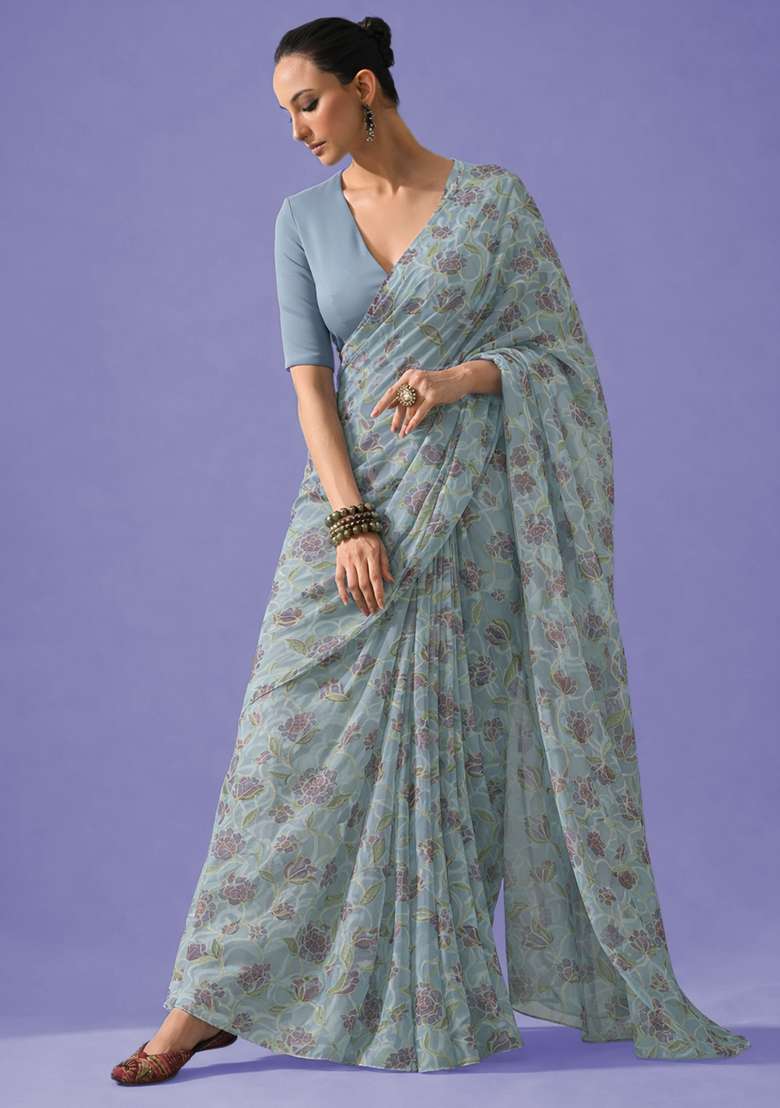 Light Blue Embroidered Organza Pre Draped Saree Set - Indya