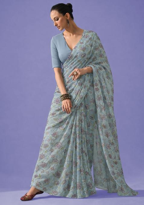 Light Blue Embroidered Organza Pre Draped Saree Set