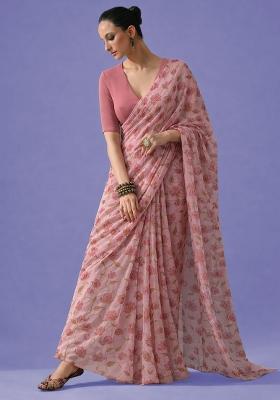 Blush Pink Embroidered Organza Pre Draped Saree Set