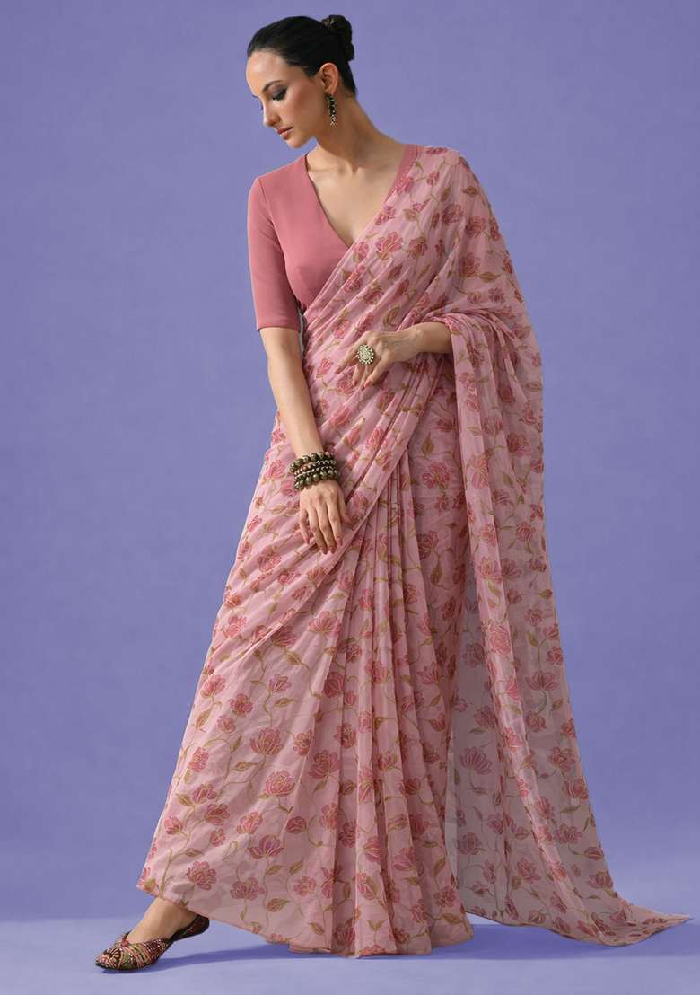 Blush Pink Embroidered Organza Pre Draped Saree Set - Indya