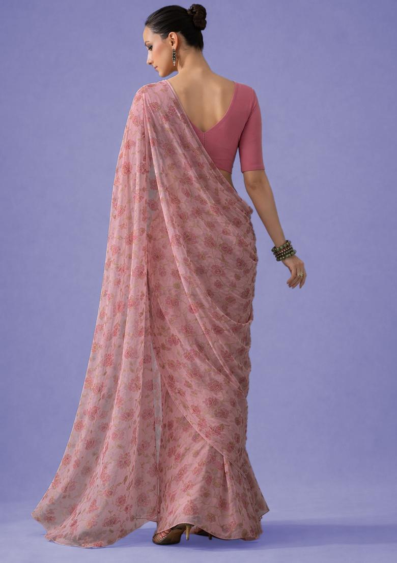 Blush Pink Embroidered Organza Pre Draped Saree Set - Indya