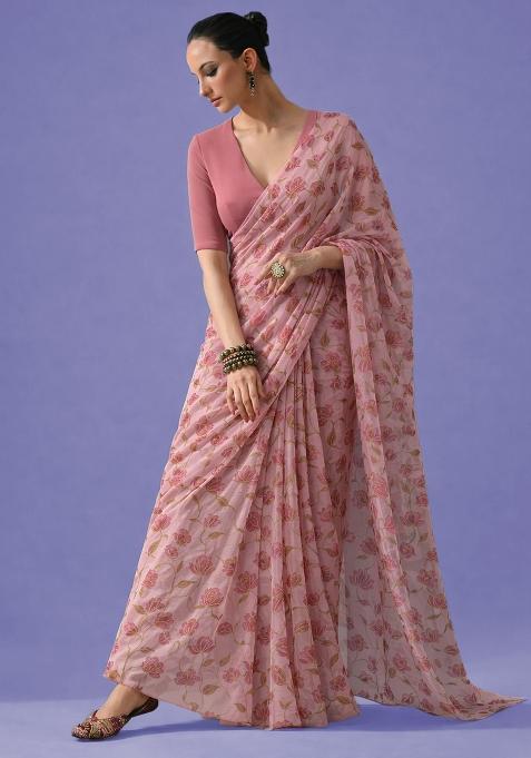 Blush Pink Embroidered Organza Pre Draped Saree Set