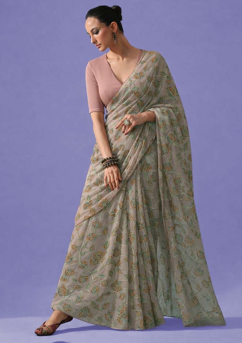 Mauve Embroidered Organza Pre Draped Saree Set - Indya