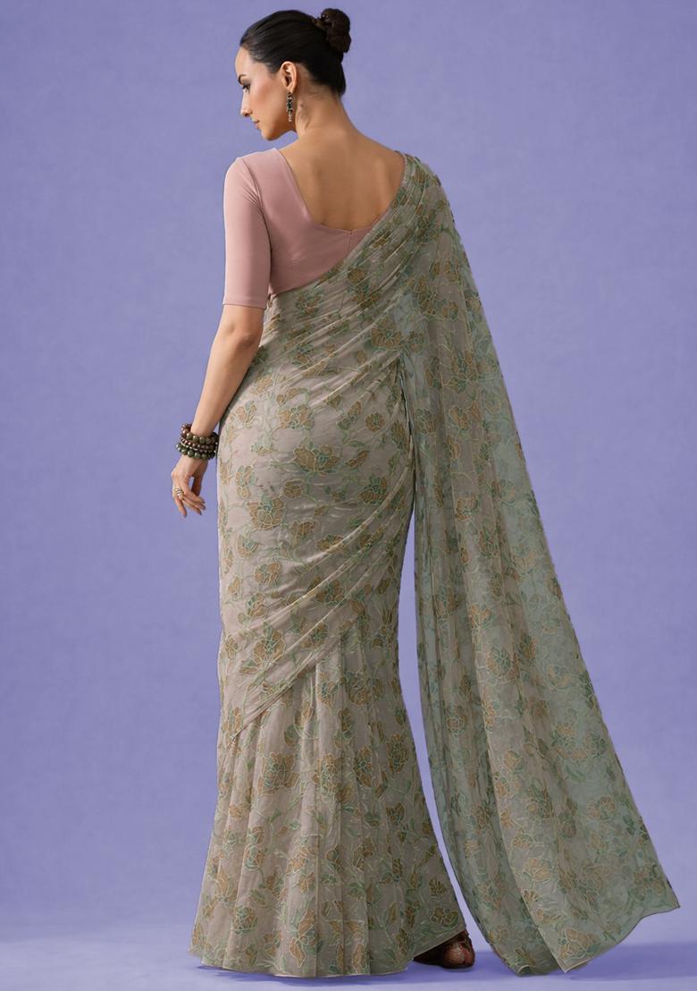 Mauve Embroidered Organza Pre Draped Saree Set - Indya