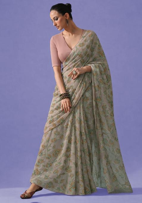 Mauve Embroidered Organza Pre Draped Saree Set