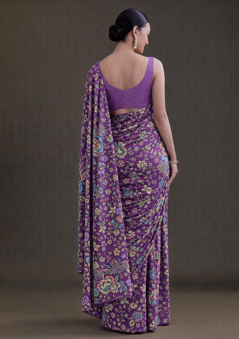 Purple Floral Print Chinon Pre Draped Saree Set - Indya
