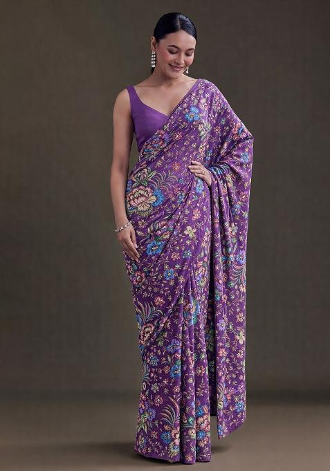 Purple Floral Print Chinon Pre Draped Saree Set