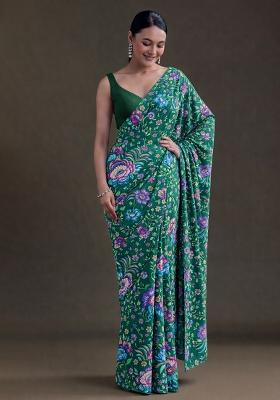 Dark Green Floral Print Chinon Pre Draped Saree Set