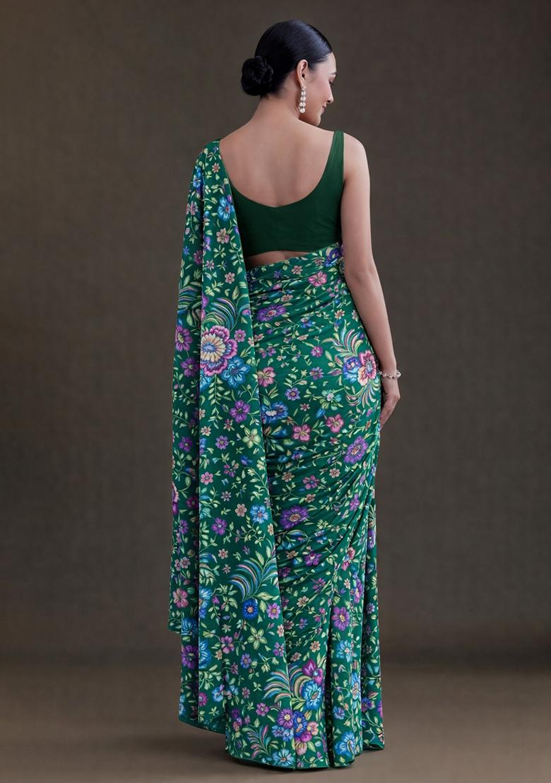 Dark Green Floral Print Chinon Pre Draped Saree Set - Indya