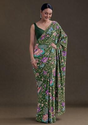 Green Floral Print Chinon Pre Draped Saree Set