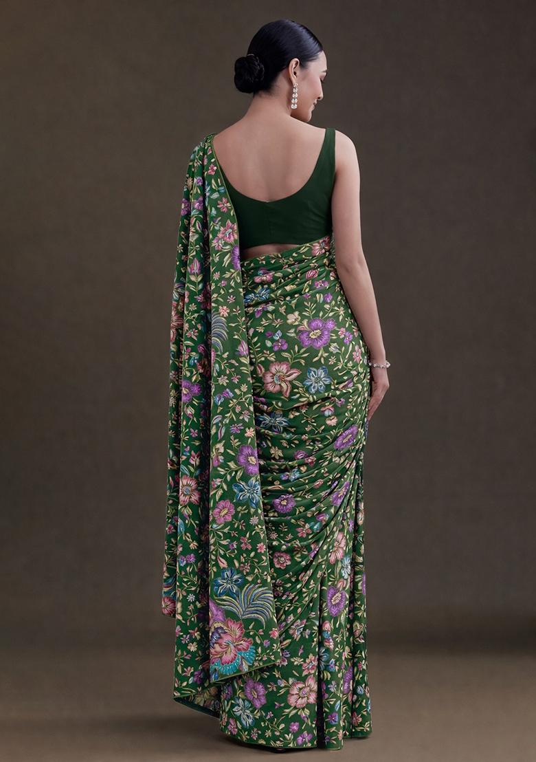 Green Floral Print Chinon Pre Draped Saree Set - Indya