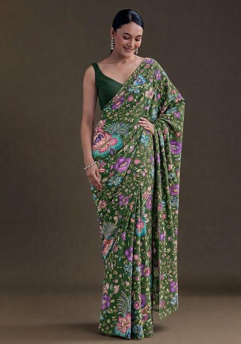 Green Floral Print Chinon Pre Draped Saree Set