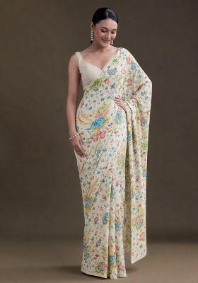 Ivory Floral Print Chinon Pre Draped Saree Set